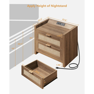 <strong>Industrial</strong> Vintage Rattan <strong>Bedside</strong> <strong>Table</strong> with 2 Drawers and Usb Charging Station for Loft Style Bedroom Furniture Nightstand - Product Image 3
