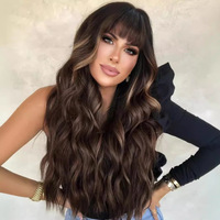 Perruque synthétique longue ondulée à franges complètes, marron miel blond ombré, résistante à la chaleur, pour femmes, usage quotidien