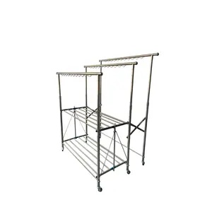 Multi-functional Rak Penyidai Baju Extendable Double Poles Courtyard Clothes Drying Hanger Rack with Wheels and Shoe Rack