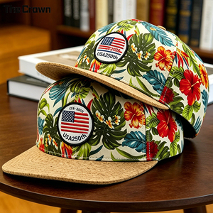 Gorra de 6 Paneles con Visera Plana de Corcho, Logotipo Personalizado, Venta al Por Mayor, Estampado Floral Hawaiano, con Parche Tejido, Cierre a Presión, Fabricante - Product Image 3