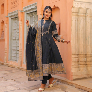Designer Steel <b>Grey</b> Cotton Anarkali <b>Suit</b> Set with Flared Kurta Coordinated <b>Trousers</b> and Ethnic Printed Dupatta for Ladies - Product Image 1