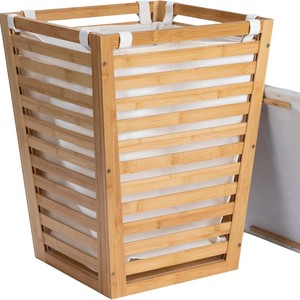 Wooden Laundry Basket With <b>Cushion</b> Rectangle Cotton Washable <b>Storage</b> Organizer For Home Bedroom Use - Product Image 5