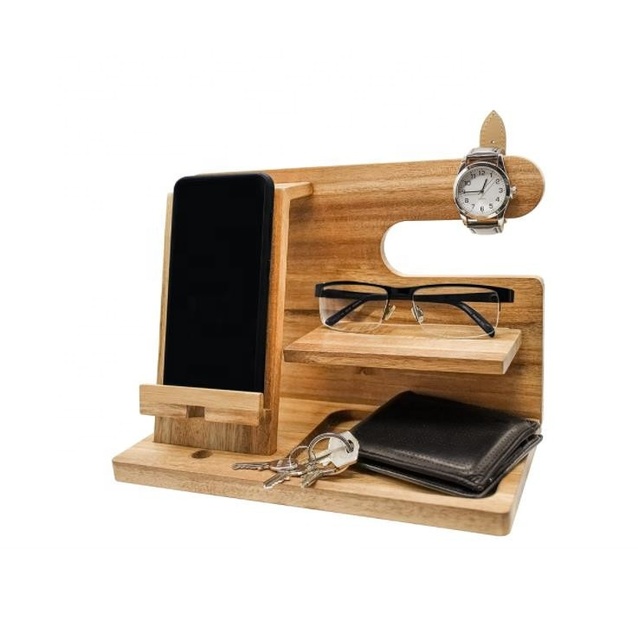 Desk Organiser Wallet Stand Watch Organizer With Key Holder Wooden Phone Docking Station
