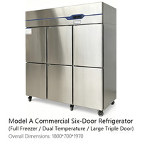 Congélateur vertical à double température en acier inoxydable à six portes, avec fonctions de dégivrage automatique et de conservation des aliments frais, matériel de restauration