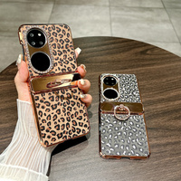 Funda de Lujo para P50 Pocket con Anillo y Soporte, Diseño de Leopardo con Diamantes, Electrochapada, Plegable, Protección Total a Prueba de Golpes