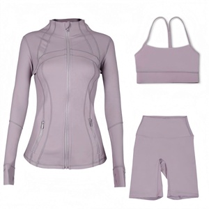 Ensemble <span class=keywords><strong>de</strong></span> sport trois pièces : pantalon standard, veste, soutien-gorge dos en Y, sensation seconde peau, pour fitness et yoga - Product Image 3