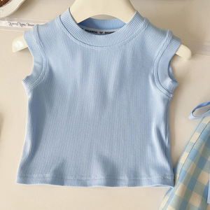 Completo estivo sottile a due pezzi per bambina, alla moda, elegante, stile principessa, senza maniche, a quadri, corto - Product Image 3
