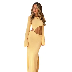 Vestidos de festa de férias femininos de gola redonda com manga longa sem cintura em tecido de crochê de tule amarelo sexy e elegante da moda