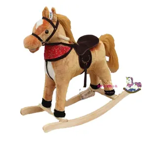 78*28*68cm promotional customized light brown children plush rocking horse toy with wooden base&music
