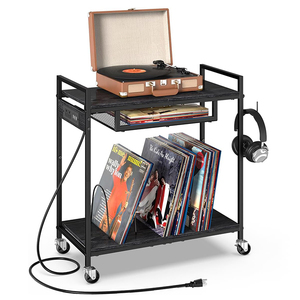 JH-Mech Vinyl Record Holder with Charging Station High-Capacity Retro Black Carbon Steel Vinyl Record Storage
