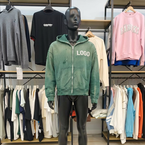 OEM Custom Streetwear 500gsm Vintage Cotton Zip up Oversized Waffle Knit Sun Faded Acid Washed Distressed <strong>Hoodie</strong> Men Supplier - Product Image 4