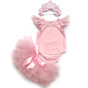 Newborn Cotton Flutter Lace Sleeve Romper and Tutu <b>Skirts</b> Set Headband Romper Tutu Baby Clothing Set - Product Image 2