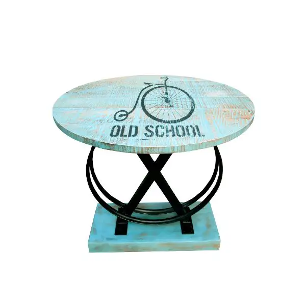 INDUSTRIAL & VINTAGE IRON METAL WHEEL DESIGN & WOODEN ROUND LIVING ROOM FURNITURE CONSOLE TABLE