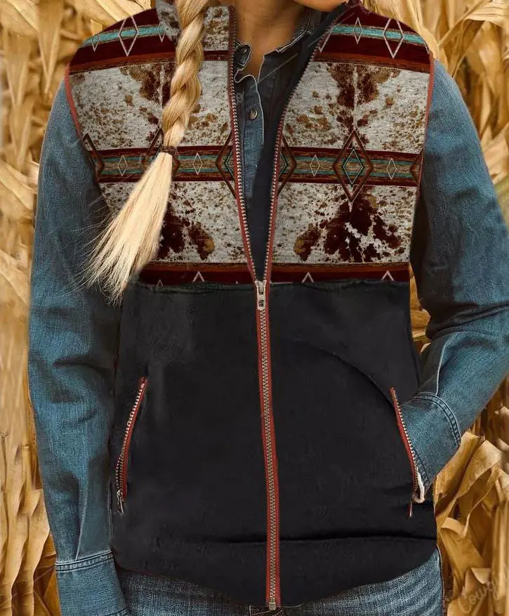 Ready To Ship Low MOQ Navajo Aztec Indian Tribes Vintage Women Waistcoats Patchwork Zipper Vest Jacket
