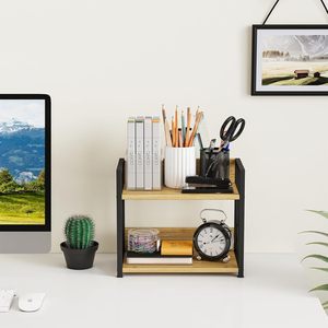 Étagère double couche en fer forgé, bibliothèque en bois et métal, support de rangement pour la maison et le bureau, type sur pied à 2 niveaux, design durable - Product Image 2