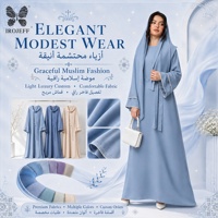 Robe Abaya Musulmane Bleu Clair pour Femmes, Robe Longue Modeste à Manches Longues avec Ensemble Hijab, Logo Personnalisé, Vente en Gros