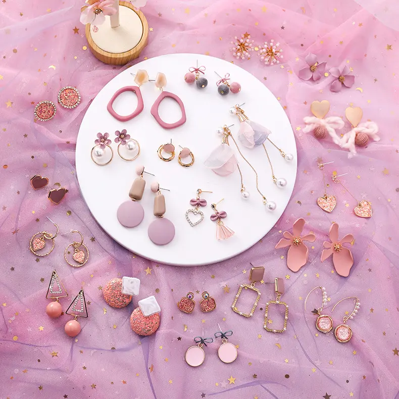CLARMER Fashion alloy metal Jewelry Resin Acrylic Women Korean Cute Geometric flower heart Pink stud Rhinestone Crystal Earrings