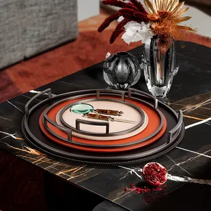 Light Luxury Serving Round Carrying Food Leather Board Tray Table Decorations for Living Room