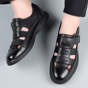 Breathable Leather <b>Clogs</b> For <b>Men</b> Black Velcro Closure Soft Sole Summer Casual Shoes Adult Size 8155 - Product Image 3