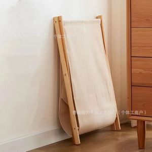 Wooden Folding Canvas Laundry <b>Basket</b> Rectangle Standing Type <b>Foldable</b> Clothes Organizer For Bathroom Bedroom Home Storage - Product Image 3