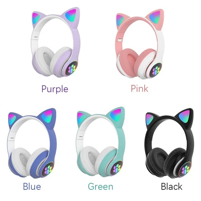 Wireless Cat Ear Headphones RGB Lights Cute for 5.1 Gaming Headset Microphone Noise-Canceling DJ Sports Mobile Phone