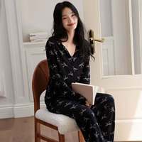 Pyjamas Printemps/Été/Automne - Cardigan en Soie à Manches Longues pour Femmes, Vêtements de Maison Décontractés, Ensemble Cartoon Populaire