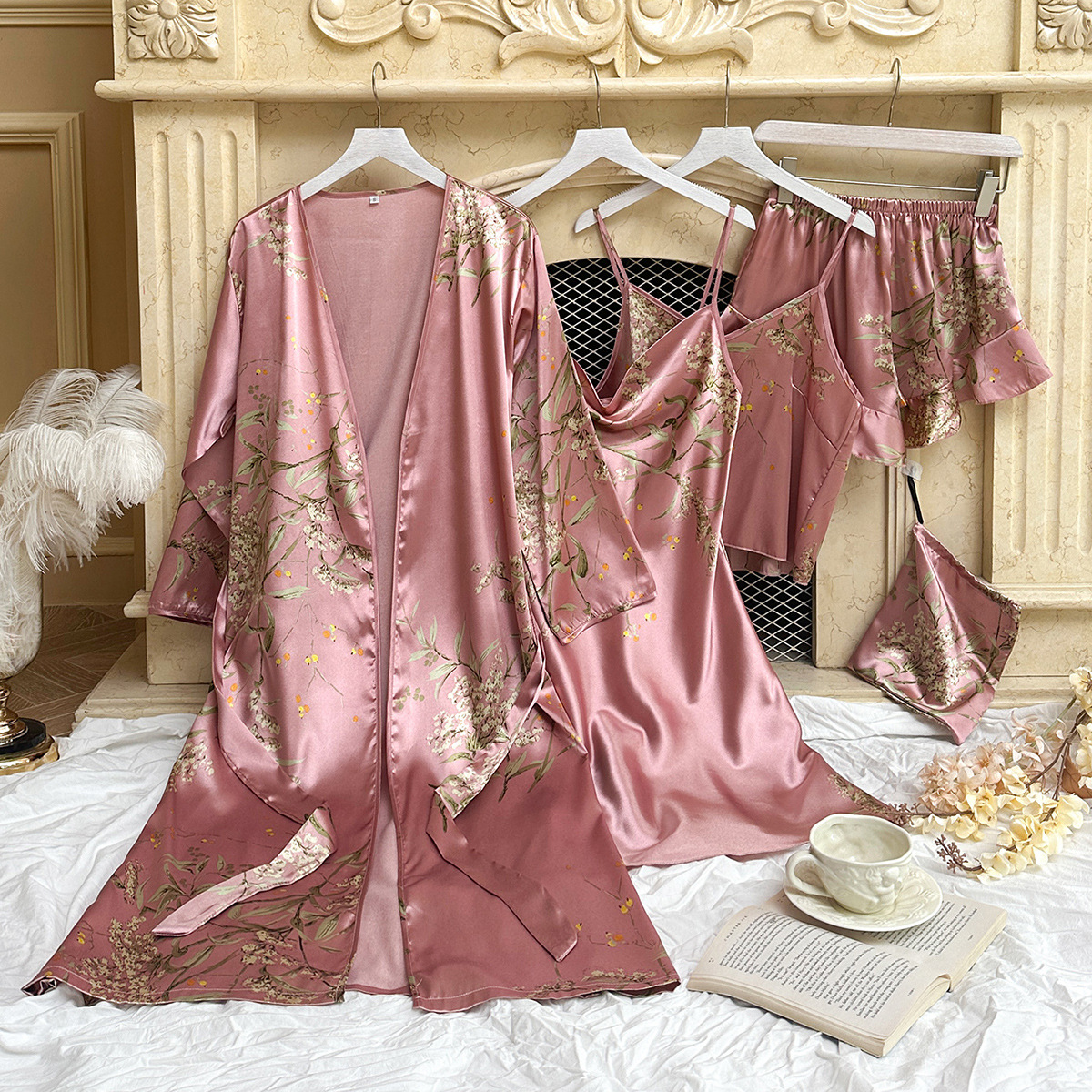 High End Luxury Women's Sleepwear 5 Pieces Pajama Set Silky Robes Nightgown Satin Floral Print Women's Robe Sets Sleepwear