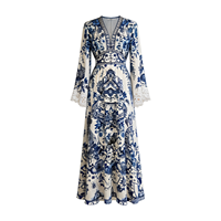 Robe Femme Luxe Léger Haut de Gamme Amincissante Vintage à Manches Cloche Taille Haute en Soie de Mûrier Imprimé Porcelaine Style Grande Balançoire