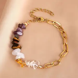 Declaración de moda de acero inoxidable oro papel Clip cadenas Chakra piedra Natural curación cristal Chip piedra pulsera para mujer