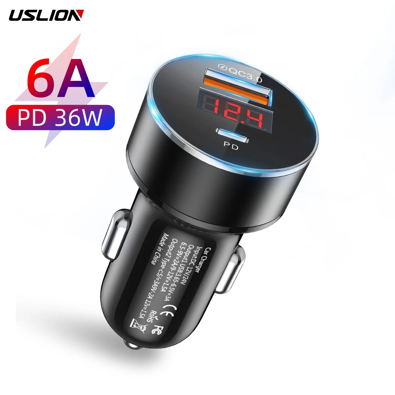 USLION OEM LOGO 36W USB+Type C Car Charger USB Car Charger QC3.0+PD 3.0 Fast Charger Mobile Phone Led Digital Display for iphone