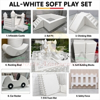 Structures de jeux gonflables commerciales blanches avec design compact en mousse, château gonflable, piscine à balles, tunnel et structure d'escalade pour mariages et locations d'événements