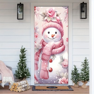 Bandera Navideña Rosa para Puerta, Decoración Estética con Diseño de Muñeco de Nieve y Flores, Cubierta de Poliéster para Puerta Principal, Decoración Festiva para Exteriores del Hogar - Product Image 3