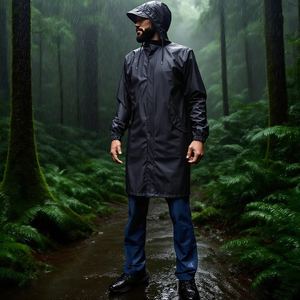 מעיל שחור שחור ארוך ומוצק עם מכסה מכסה מעיל גשם-פופולרי מאוד באירופה, הכולל איטום פונקציונלי. - Product Image 2