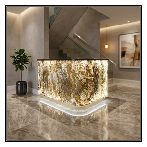 Contemporary Polished Stone Reception <b>Desk</b> With Gold Vein Pattern Entry Design - Product Image 2