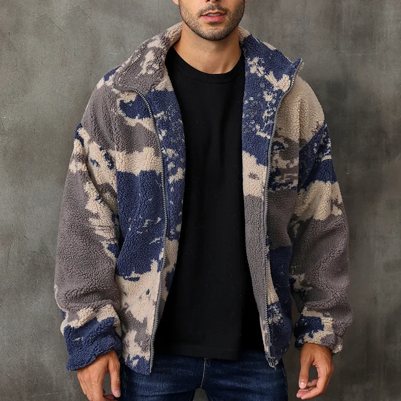 Wholesale Fashion Full Zipper Tie Dye Drop Shoulder Teddy Jacket Man Sherpa Fleece Jacket Coat