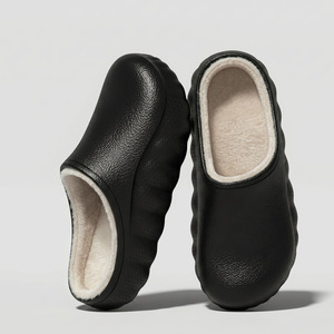Morning Glory Leather Textured Fleece Lined Warm <b>Slippers</b> For Men And Women Flat Heel Rubber Outsole Daily Use - Product Image 3
