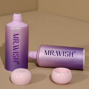 Tubo cosmético metálico degradado en morado y rosa con tapa de rosca redonda para suero de ojos y cuidado de la piel. - Product Image 3