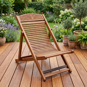 Traditional Lightweight Teak <b>Beach</b> <b>Chair</b> Foldable <b>Lounge</b> <b>Chair</b> Rotating Slatted Recliner Seat for Outdoor Garden Patio - Product Image 5