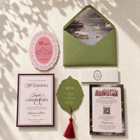 Ensemble d'invitations de mariage vintage de luxe, carte RSVP personnalisée gaufrée, doublure d'enveloppe imprimée Lago des cygnes avec pompon, suite d'invitations de mariage