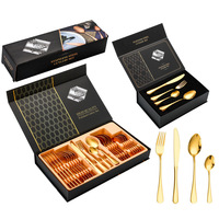 Ensemble de couverts plaqués or 24 pièces en acier inoxydable poli miroir, portable, best-seller, couteaux, fourchettes, cuillères, coffret cadeau