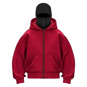 Sweat-shirt à capuche zippé surdimensionné pour homme, rouge uni, en molleton de coton, pour l'hiver, avec poche, manches longues, coupe classique - Product Image 1