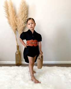 Robe chemise ample à col rond et revers, unie, à manches courtes, style été, pour filles, avec ceinture en PU - Product Image 4