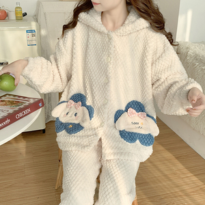 Ensembles de vêtements de nuit 8002 #   Pyjama d'hiver en velours rose à capuche pour <span class=keywords><strong>femme</strong></span>, pyjama chien à grandes oreilles - Product Image 2