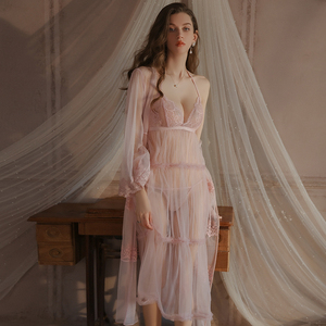 Hot <b>Perspective</b> Lace Mesh Embroidery Temptation Pajamas Wholesale Low-cut Halter Backless Nightgown and Robe - Product Image 1