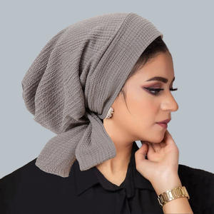 Le plus récent multi couleurs plissé incurvé couleur unie Medina soie Hijab capuche avec deux bandes de queue tirer coton pull chapeau Turban - Product Image 5