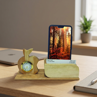 Houten appelklok met telefoonstandaard en kaarthouder, handgemaakt bamboe kantoor cadeau, creatief ontwerp