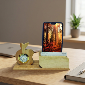 Wooden Apple Clock With Phone Stand And Card Holder Handmade Bamboo <b>Office</b> <b>Gift</b> Creative Design - Product Image 2