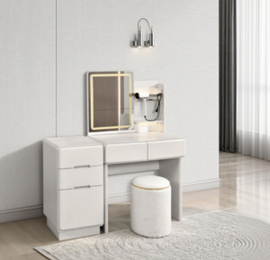 Meja rias berlampu LED dengan pemegang pengering rambut 5 laci meja rias putih Modern untuk kamar tidur dengan bangku bulat - Product Image 3