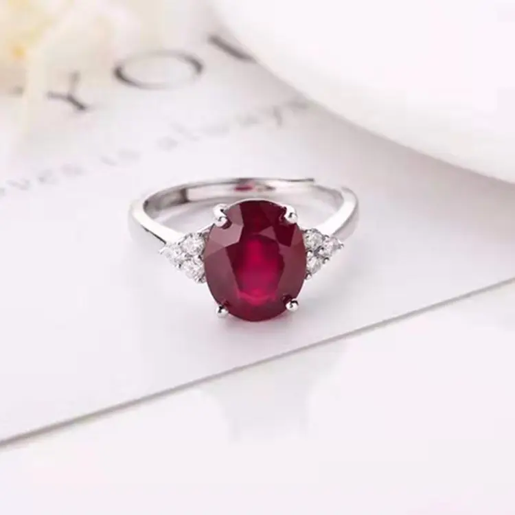 hot sale fashion gemstone jewelry design 925 sterling silver 18k white gold plated 9x11mm natural red ruby ring for women