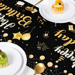 Nappe <span class=keywords><strong>de</strong></span> <span class=keywords><strong>table</strong></span> jetable noire et <span class=keywords><strong>or</strong></span> <span class=keywords><strong>Joyeux</strong></span> <span class=keywords><strong>Anniversaire</strong></span>, nappe longue en PE avec décorations <span class=keywords><strong>de</strong></span> <span class=keywords><strong>table</strong></span> pour fête d'<span class=keywords><strong>anniversaire</strong></span> et ballons - Product Image 5